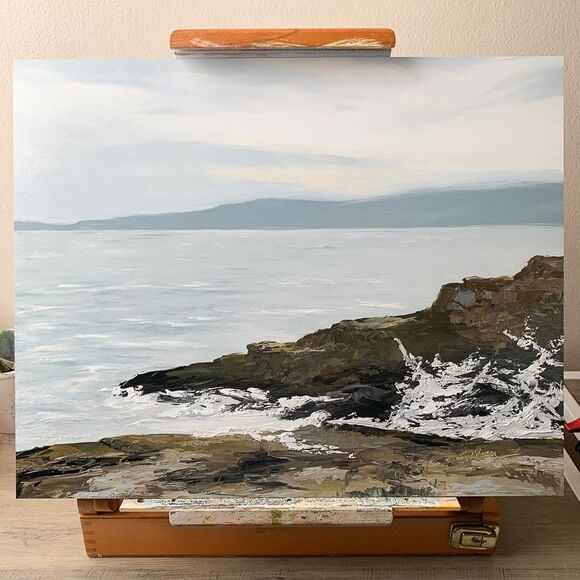 Original Oil Painting Contemporary Seascape Rocks Sea Spray Clouds 16x20 Signed - Picture 2 of 10